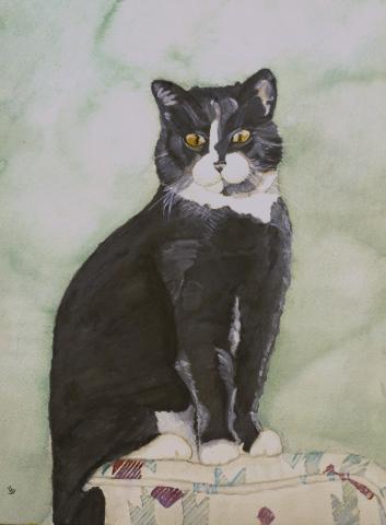 Watercolor portrait of a tuxedo cat sitting importantly on the corner of a couch.