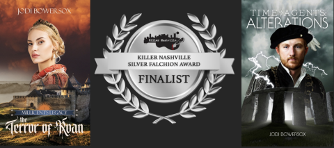 The Terror of Roan book cover an the Time Agents: Alterations book cover between the Killer Nashville Silver Falchion Awards logo