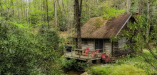A rustic log cabin is nestled in a forest. The windows and doors are modern, but the wood is aged and grey. A deck is built on one side. Two orange chairs are on the deck. A third orange chair is on the ground next to the stairs leading up to the deck. A tree grows up through the deck and a shelf or table seems to have been constructed around the trunk.