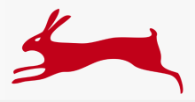 Red silhouette of a rabbit leaping to the left on a white background. 